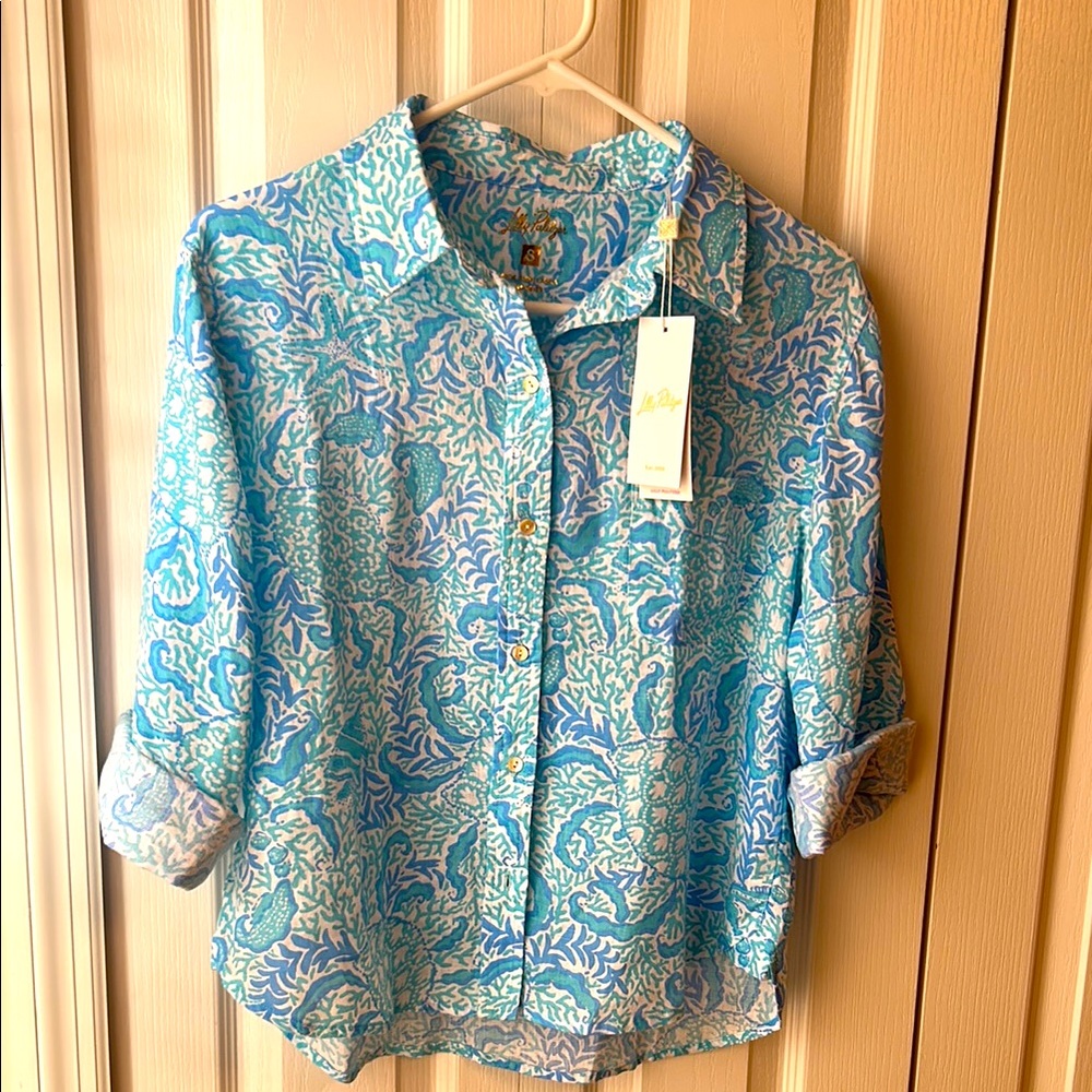 Lilly Pulitzer Blue and White Button-Down Shirt